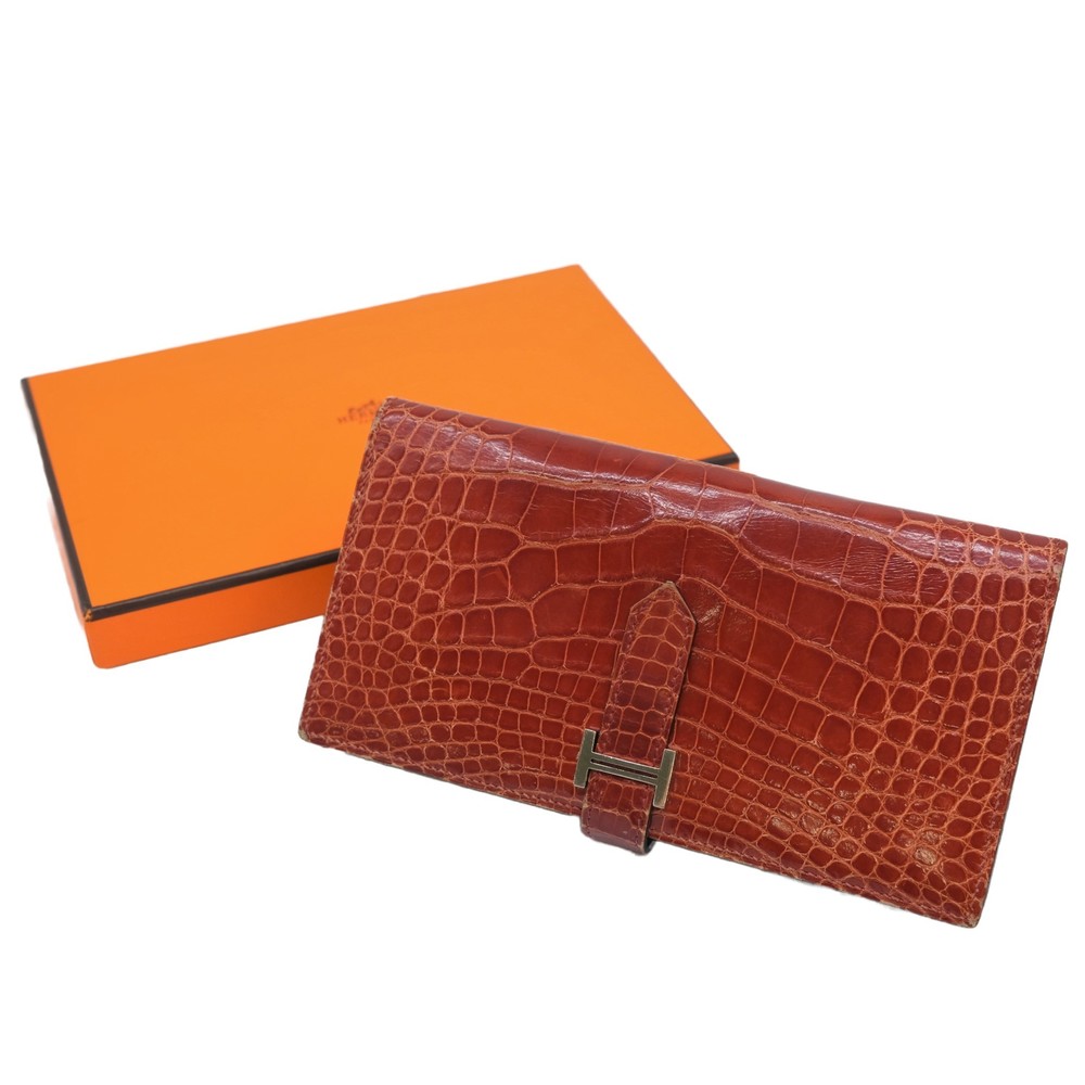 Hermes Bearn Souffl Long Wallet Alligator Crocodile Red Q
